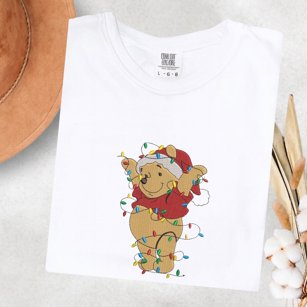 Embroidered White T-Shirt with Festive Bear and Lights